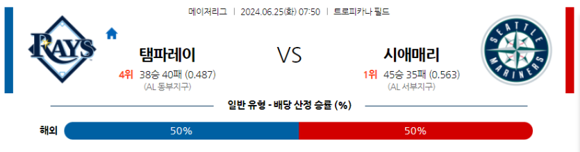 6월25일 MLB 탬파베이 시애틀 해외야구분석 무료중계 스포츠분석