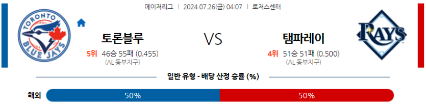 7월26일 MLB 토론토 템파베이 해외야구분석 무료중계 스포츠분석